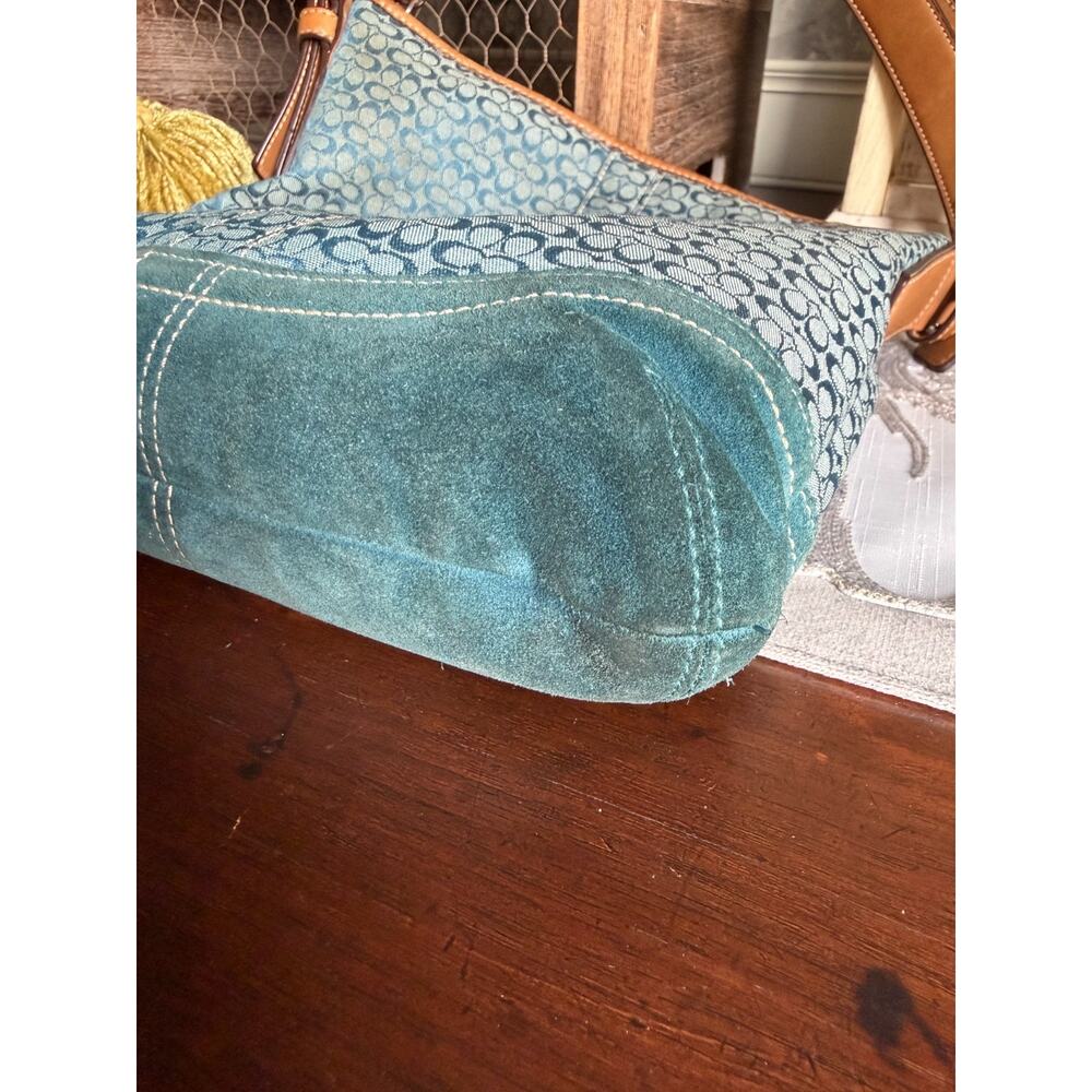 Vintage Y2K 2007 Coach Teal Signature Canvas Suede Hobo Shoulder Bag - Picture 5 of 7